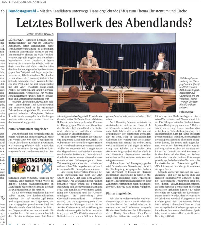 Zeitungsausschnitt Reutlinger Generalanzeiger vom 03.09.2021